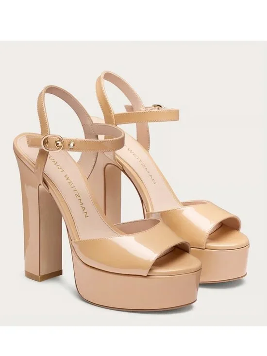 $625 STUART WEITZMAN Reade Platform Sandal ADOBE PATENT NUDE 9 (PD2)