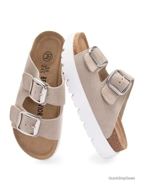 100% Suede Leather Platform Sandals with Adjustable Buckle Arch Support