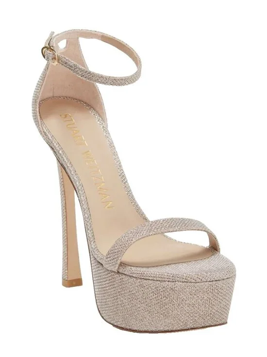 $600 STUART WEITZMAN NUDIST HOLLYWOOD PLATFORM PATENT GLITTER GOLD 9 B (PD1)