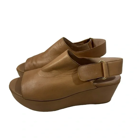 Stuart Weitzman Offset Leather Peep-Toe Wedge, Pecan size 7
