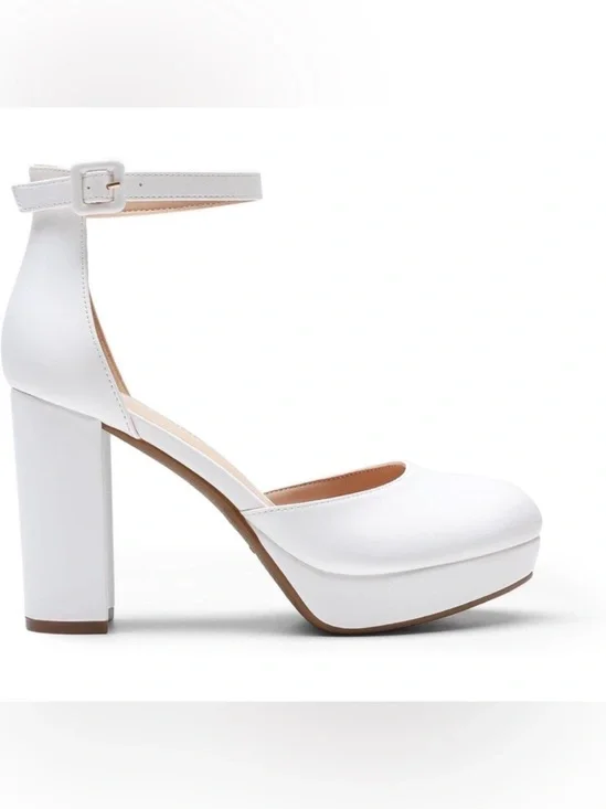 DREAM PAIRS White Platform Block Heel Ankle Strap Pumps 7.5