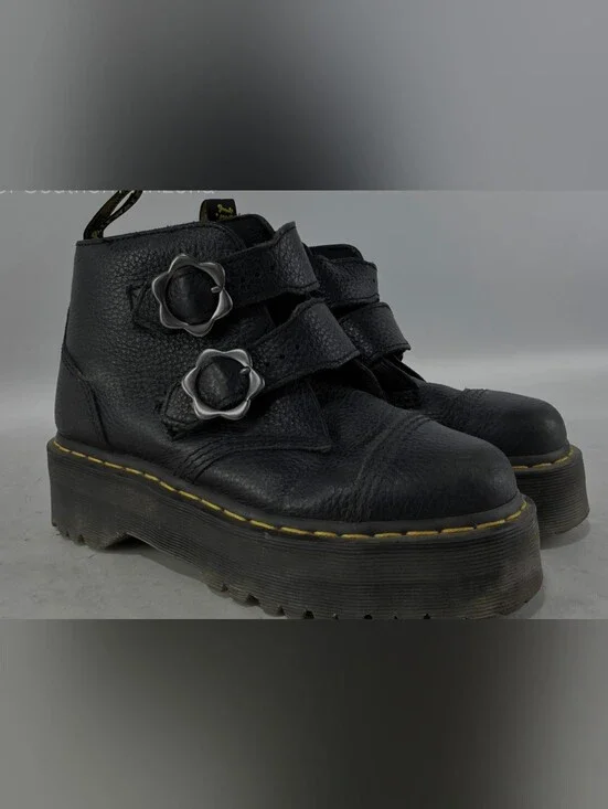 Dr. Martens Black Leather Platform Devon Flower Boots- 6 Womens