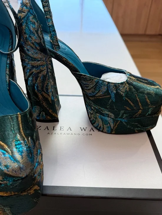 Azalea Wang Zipphora Blue Brocade Platform Mary Jane Heels Size 10 New