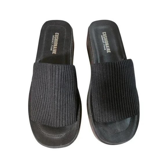 Cushionaire Women Black Ribbed Pim Knit Platform Slide Sandals Memory Foam 8.5