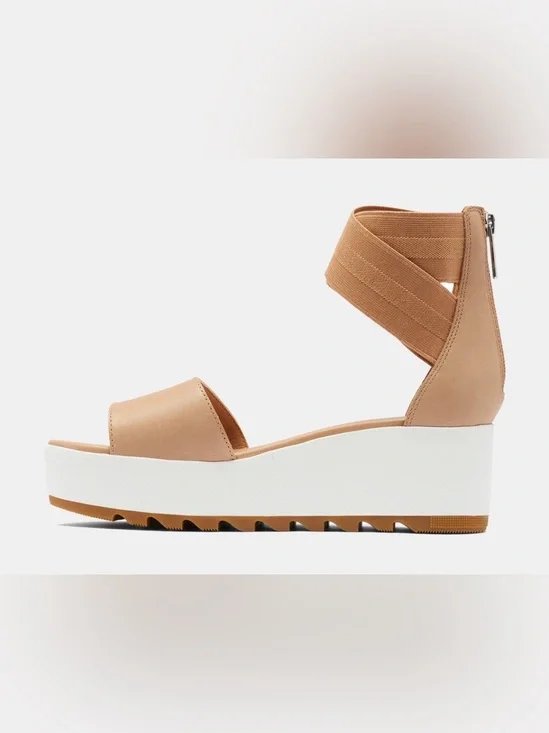 Sorel Cameron Tan Leather Elastic Ankle Strap Platform Wedge Sandal Size 8.5