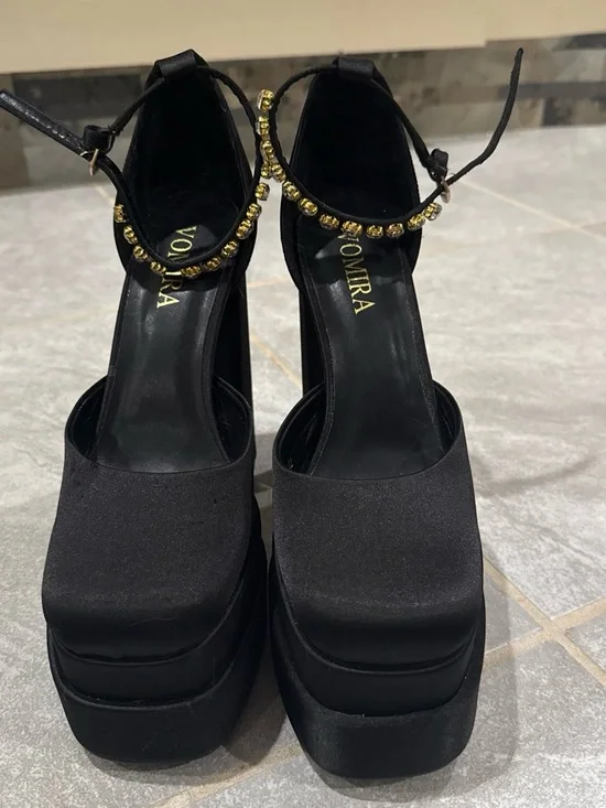 Black Satin Platform Ankle-Strap Heels with Gold Accent