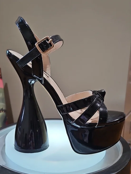 Black Patent Platform Slingback Sandals with Sculpted Heel