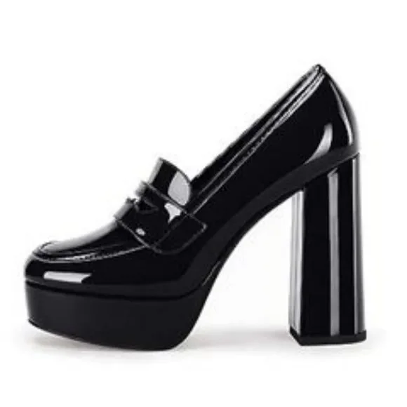 Black Patent Leather Platform Block Heel Penny Loafers Women Size 6.5 Y2K