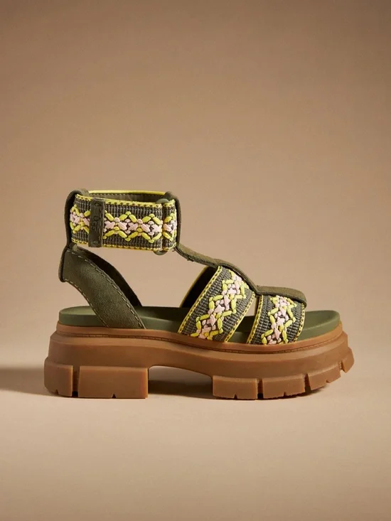 UGG Olive Green Braided Platform Sandals with Brown Sole