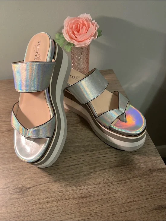 Naked Feet Iridescent Holographic Platform Slide Sandals - Silver