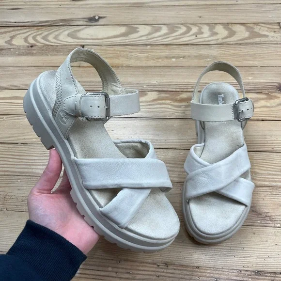 Timberland Adley Way Cross Strap Platform Sandals Bone Off-White Leather Size 8