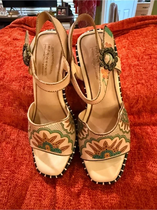 L'ARTISTE Beige Platform Slingbacks with Teal & Tan Floral Hand Painted Leather
