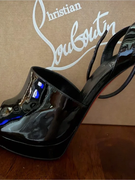 Christian Louboutin Black Patent Platform Slingback Heels with Red Sole Edge
