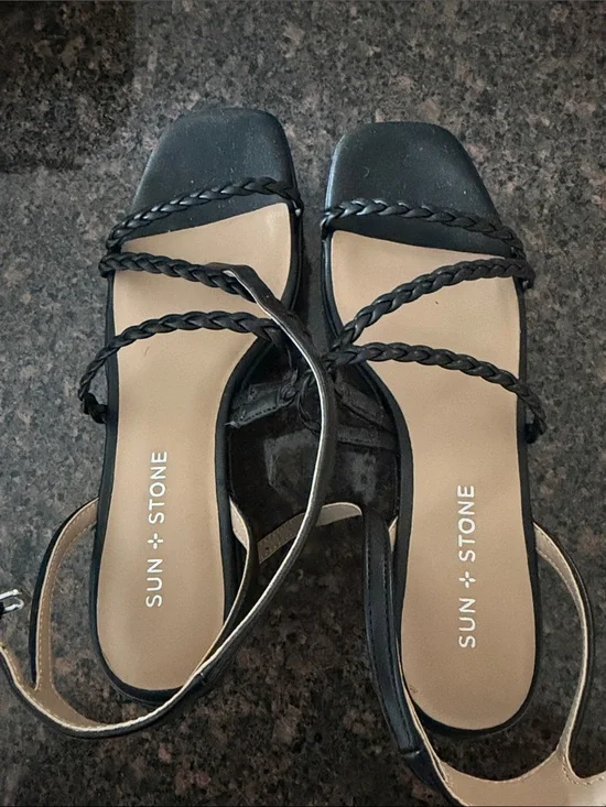 Sun + Stone Black Braided-Strap Square Toe Sandals