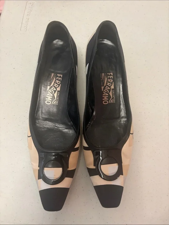 Salvatore Ferragamo Beige Black Signature Logo Ballet Flats