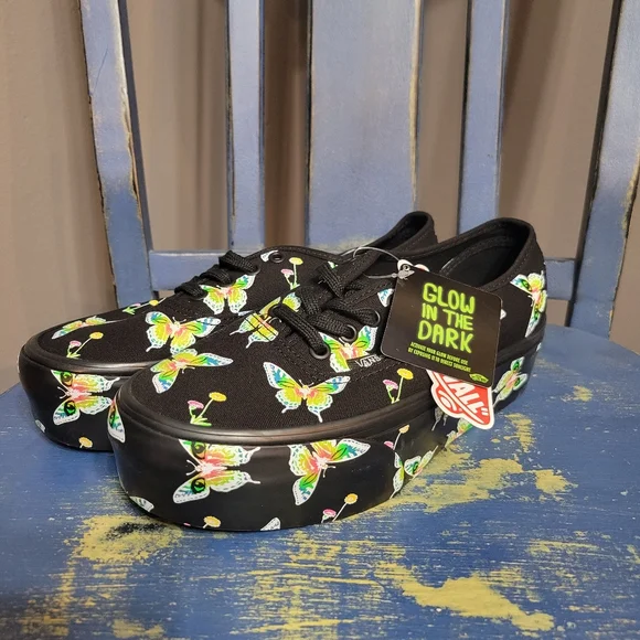 Vans Stackform Platform Shoes Glow In The Dark Butterfly Print Womens 7.5 NWT