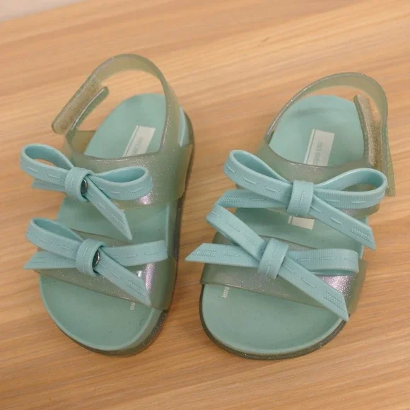 Y2K Girls Sandals Toddler 7 Green Mint Jelly Glitter Bow MINI MELISSA x JASON WU