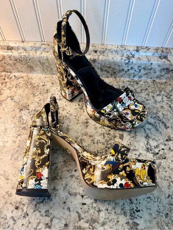 Aldo Disney Minnie & Mickey Mouse Black Platform Heel Sandals 85th RARE Like New