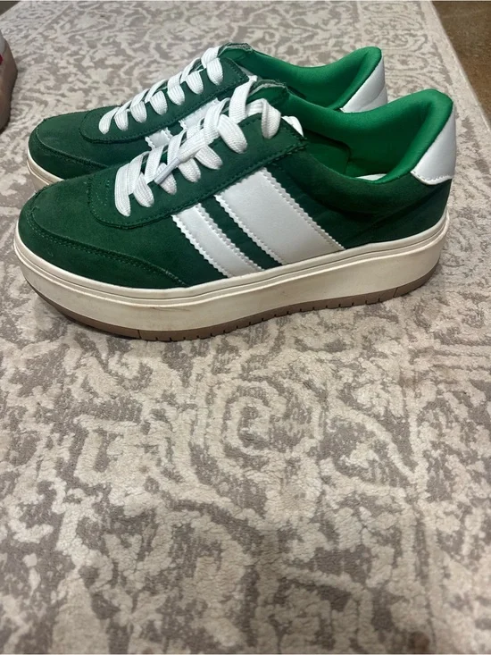 Madden Girl Green Suede Platform Sneakers with White Stripes
