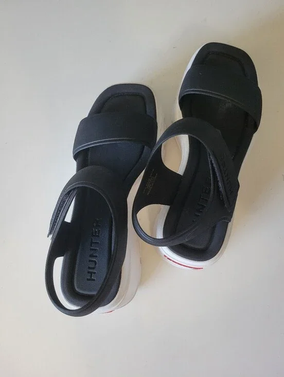 Hunter Womens Abel Square Toe Wedge Platform Sandals Size 7 Black White