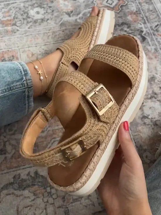 Toms Crochet Tan Platform Sandals with Buckle Detail