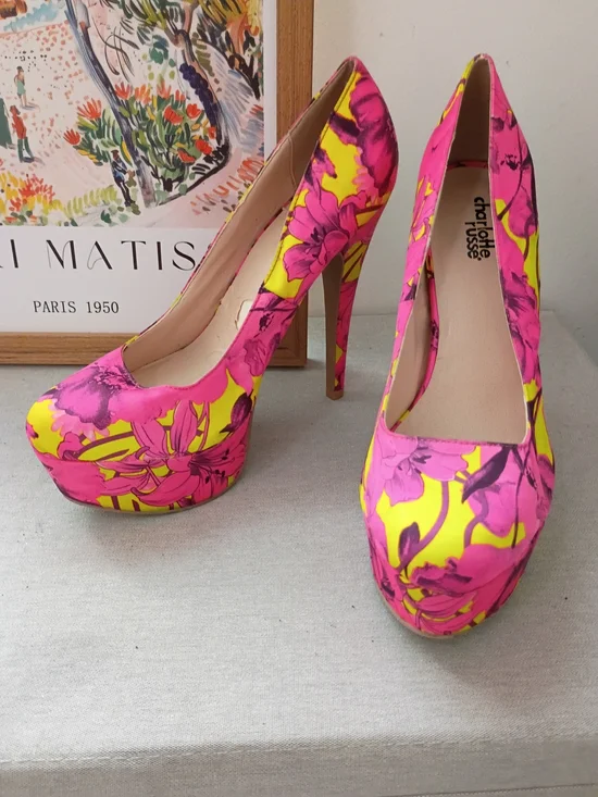 Charlotte Russe Hot Pink and Yellow Floral Platform Heels