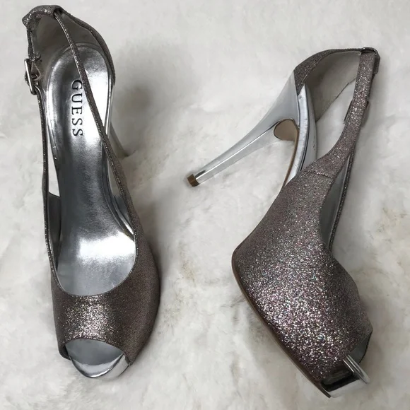 Guess 9 silver glitter platform heel  Open toe holiday sparkle