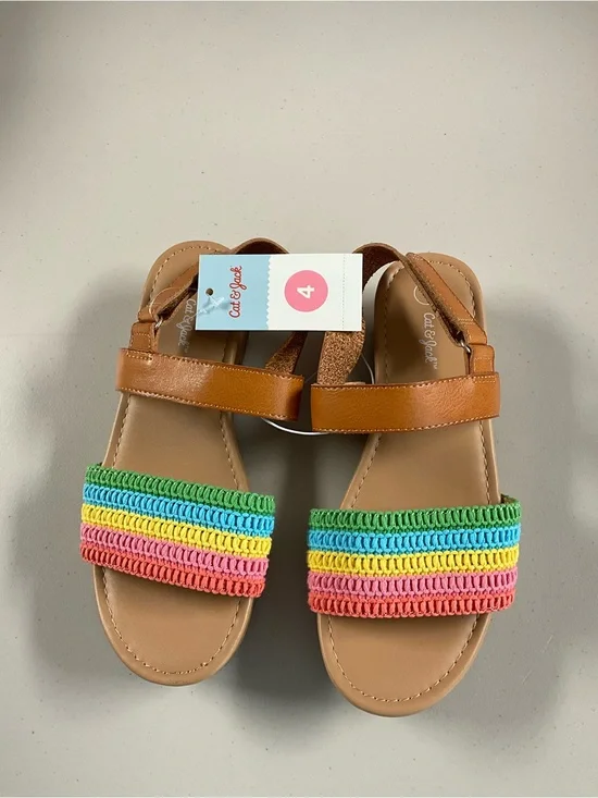 Cat & Jack Tan Sandals with Multicolor Rainbow Straps