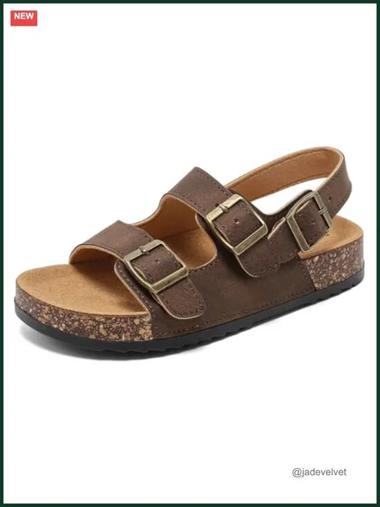 Cork Footbed Double Buckle Sandals with Back Strap, Non-Slip Lightweight Summer