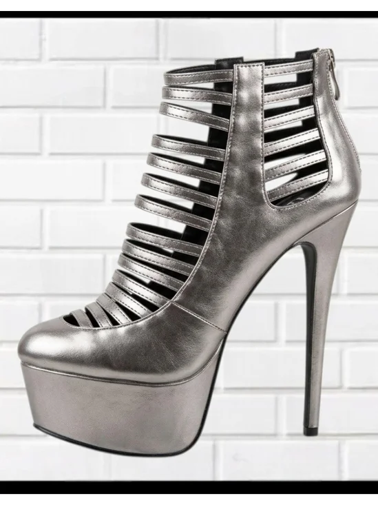 *LILIANA Pewter Metallic Caged Platform Stiletto Ankle Heels Size 9