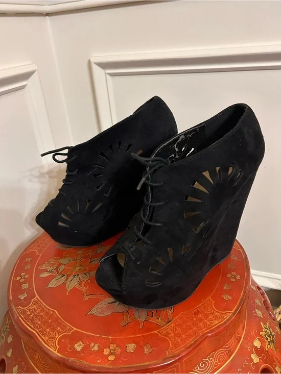 Delicious Black Suede Peep Toe Lace-Up Wedge Booties