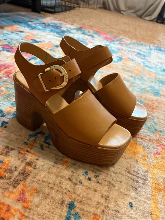 Seychelles Tan Platform Block Heel Sandals with Gold Buckle