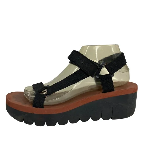 Fly London Platform Sandals Womens 40 Black Rust Excellent Chunky Wedge Strappy