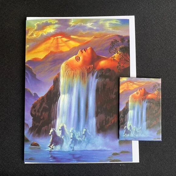 DAY DREAM by Jim Warren VTG Combo Pack Greeting Card & Magnet Waterfall Horses‎