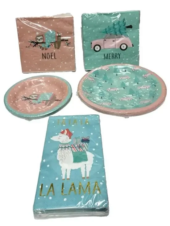 Merry Christmas ,Noel ,Fa La La Lama Napkins & Paper Plates 5pc Lot -New Holiday