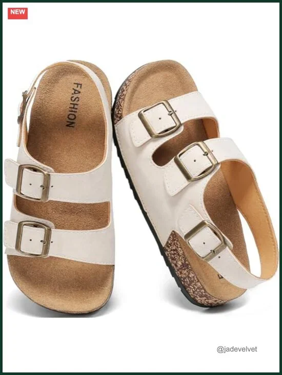 Kids Cork Footbed Sandals - Adjustable Double Buckle Slides with Back Strap