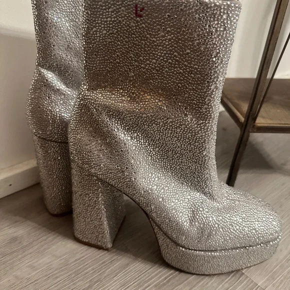 Larroude Silver Glitter Platform Block Heel Boots