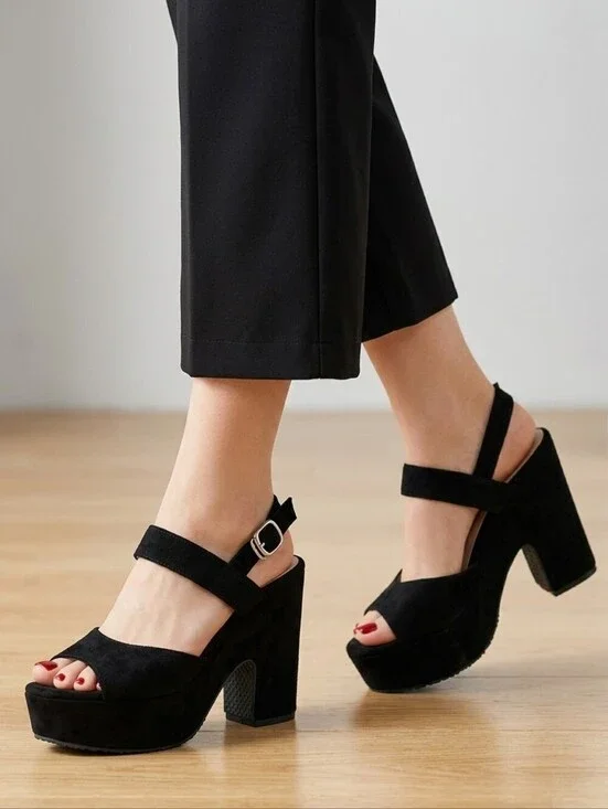 Retro Black Faux Suede Chunky Platform Sandals Open Toe Block Heel Y2K, EU 38