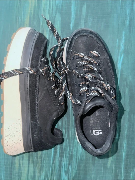 UGG Black Suede Chunky Lace-Up Sneakers with Speckled Cream Platform