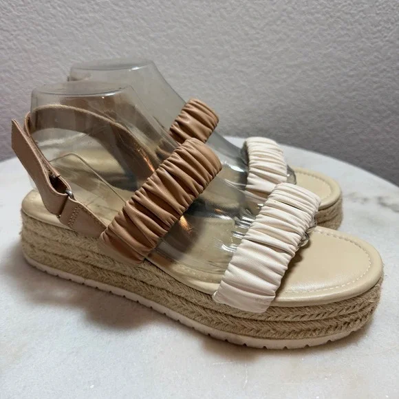 Dolce Vita Mizza Tan Cream Ruched Espadrille Platform Wedge Sandals Womens 9M‎