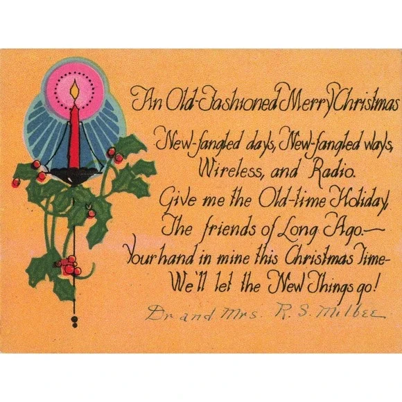 Vintage Christmas Card Candle Holly Wireless Radio Poem Signed 1920s