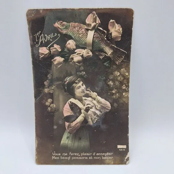 Antique French Postcard 1er Avril Humor Romantic Designed Printed In France 1919
