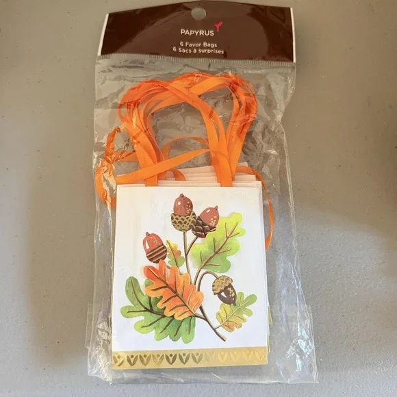 Papyrus Fall Favor Bags Set Of 6 Acorn Leaf Orange Ribbon Party Gift 3.25