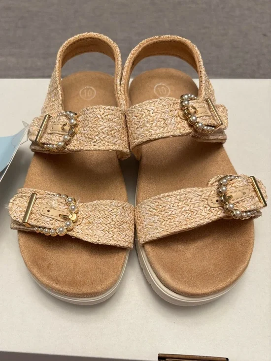 C & J Pearl-Embellished Woven Strap Sandals - Natural Beige Rose Gold Size 8
