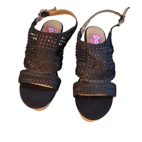 Womens Black Wedge Sandals Cork Heel Woven Braided Open‎ Toe