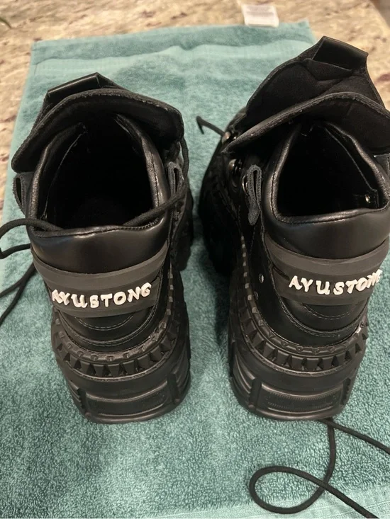 Black Chunky Lace-Up goth Boots with 'AYUSTONG' Logo