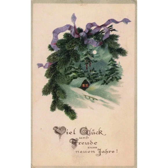 Antique 1911 New Year Postcard Viel Gluck Winter Landscape Switzerland RPPC