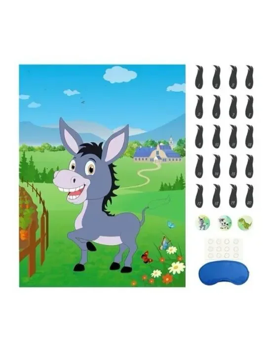 Pin The Tail On The Donkey Party Game 40 Tails Kids Birthday Poster W/ Blindfold