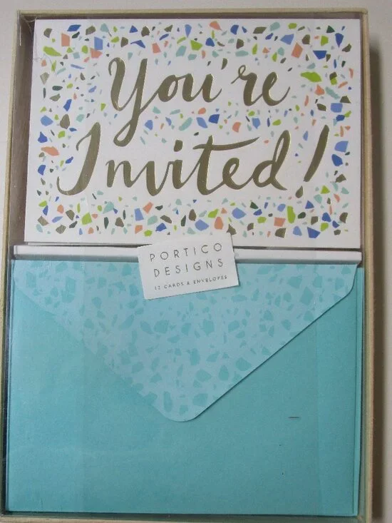 Portico Designs Invitations Gold Foil Embossed blue Boxed Invitation cards NIB
