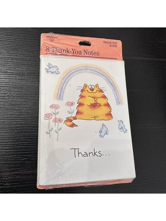 Vintage Hallmark Cat Thank You Notes 8 Ct Cute Rainbow Birds Floral Sealed
